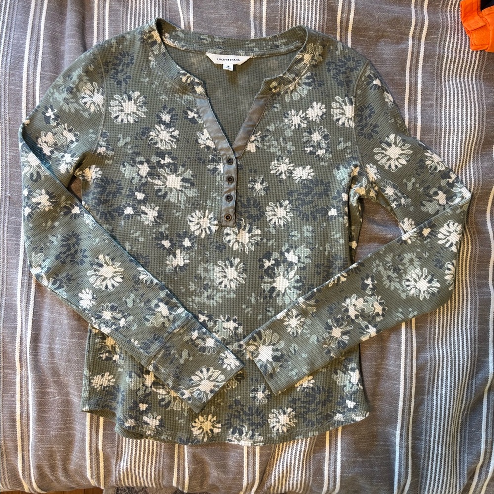 Lucky Brand Floral Henley Long Sleeve Top - Olive